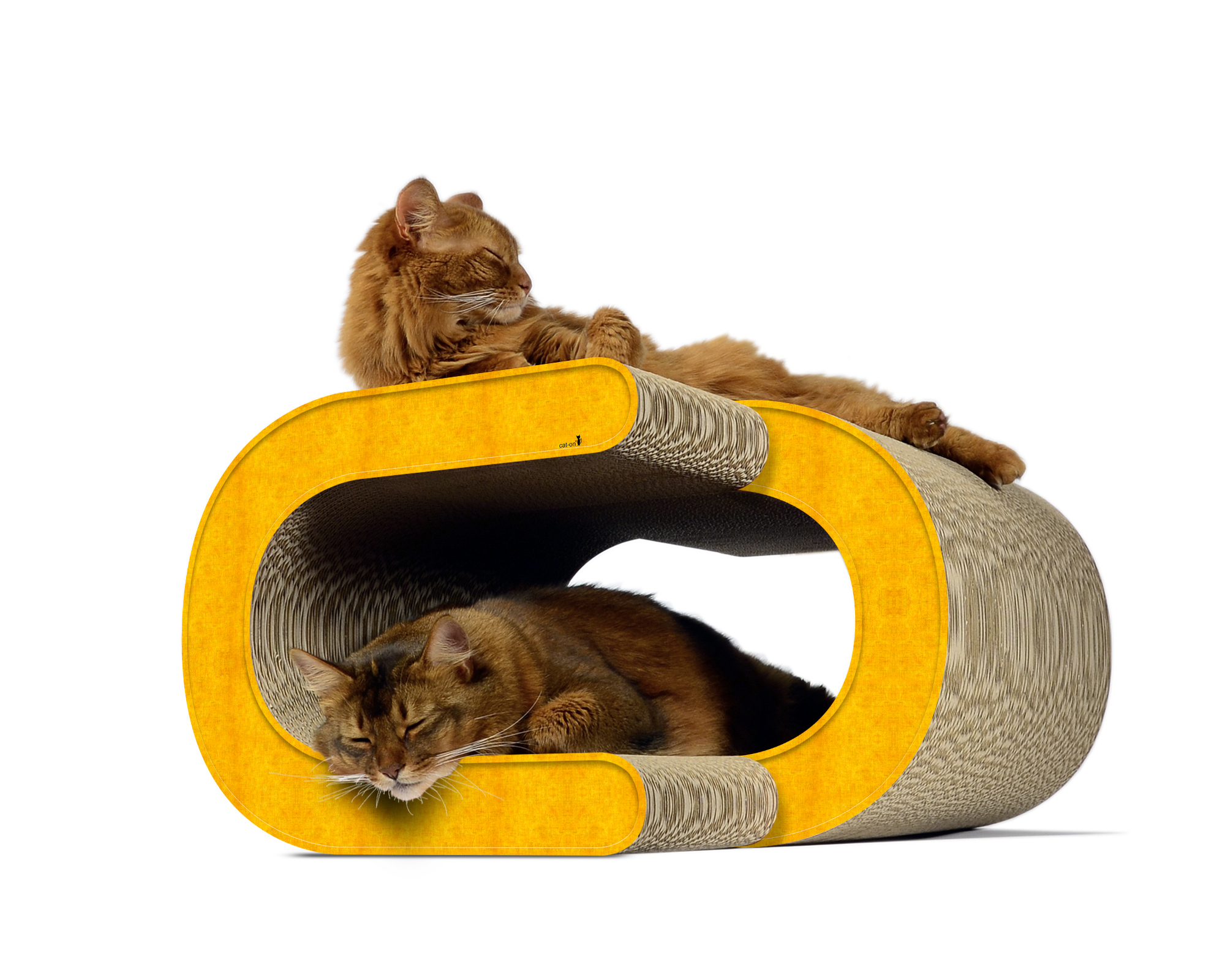 Gelbes Kratzmöbel LA VAGUE XL mit zwei Katzen – kräftige Herbstfarbe