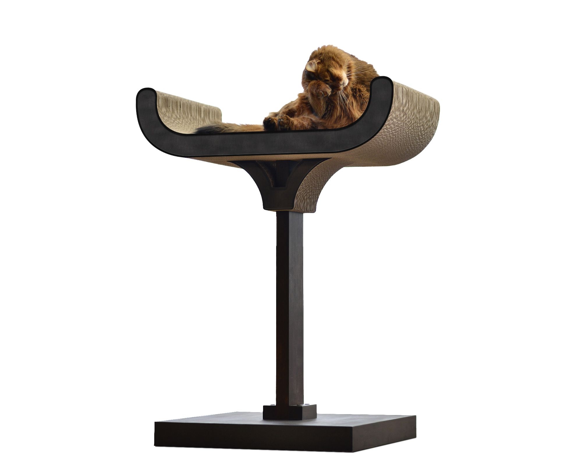 Katze liegt und spielt auf dem Design Kratzbaum Corbeille – exklusiver Kratzbaum aus Holz und Wellpappe, stilvolles Katzenmöbel