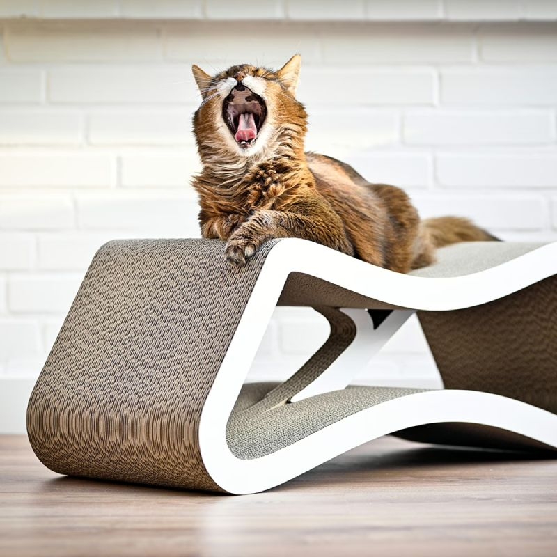 Stylish designer cat scratcher LE PONT in white with cat – premium scratching furniture by cat-on