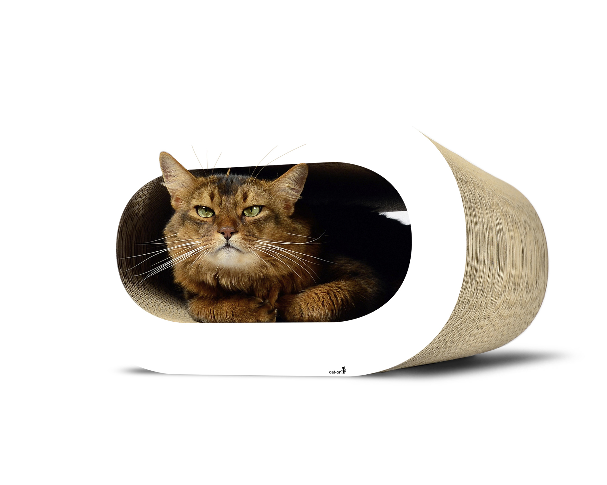 Chat dans LE TRONC – griffoir stylé et cachette moderne pour chat Un chat se repose dans LE TRONC – un griffoir élégant en carton durable, servant aussi de cachette moderne et de meuble à griffer design.