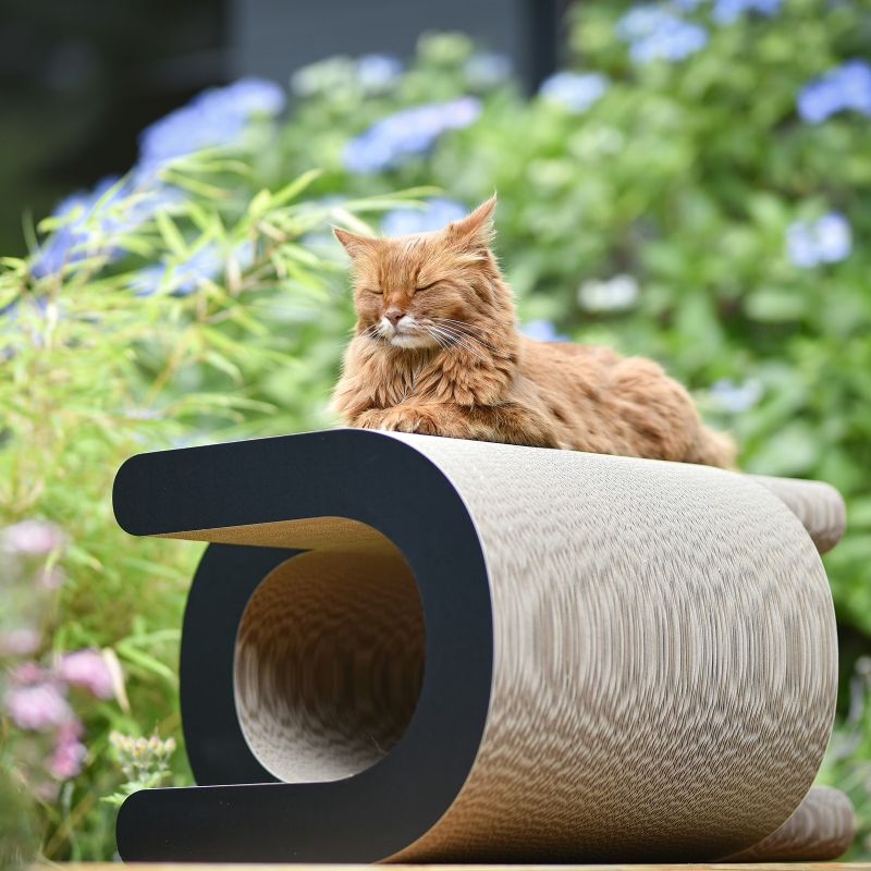 Designer Kratzmöbel für große Katzen - Seitenansicht - eine Katze liegt auf dem stylischen Kratzmöbel