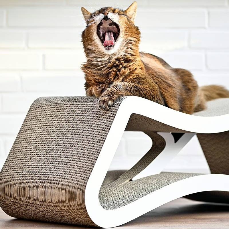 Stylish designer cat scratcher LE PONT in white with cat – premium scratching furniture by cat-on