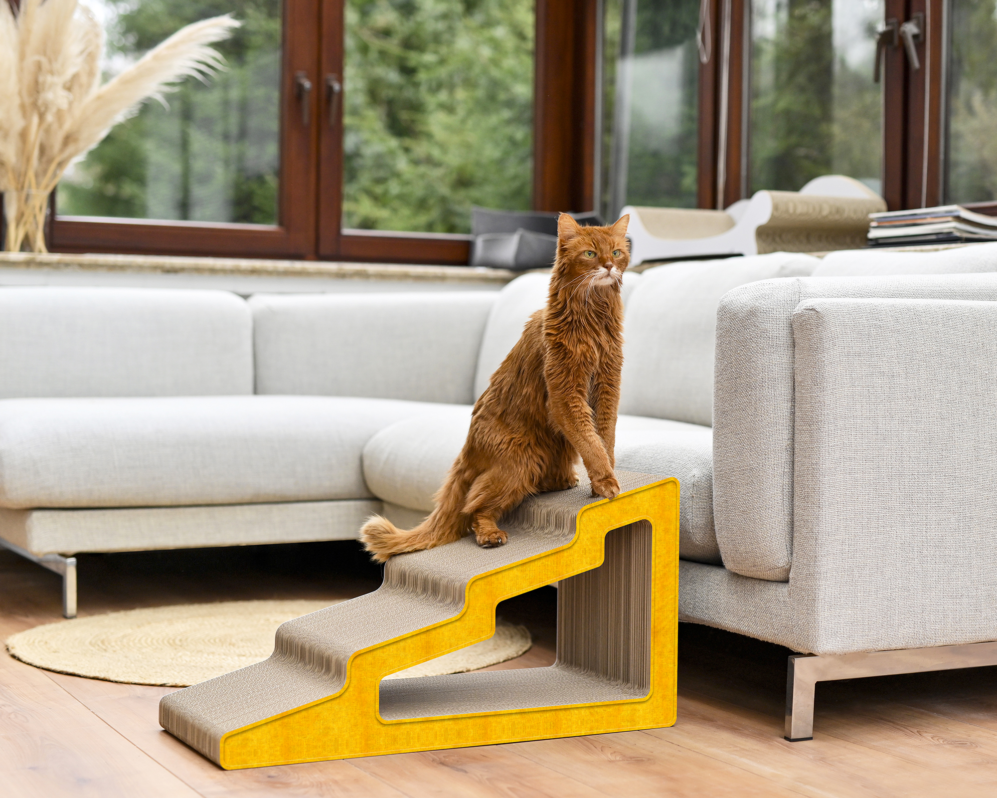 Cool cat standing on the stylish Kaidan scratching staircase crafted from durable corrugated cardboard yellow