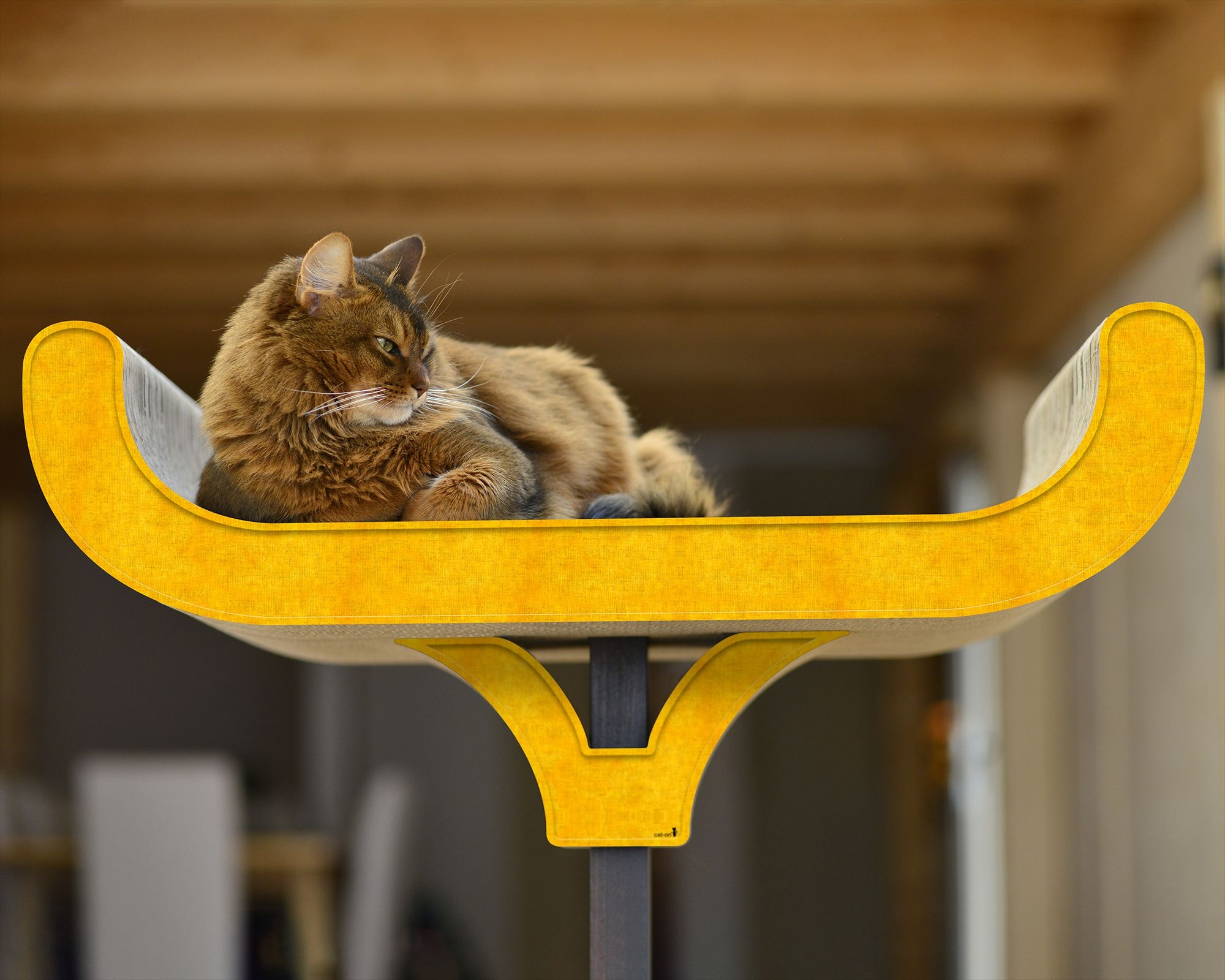 Katze liegt und spielt auf dem Design Kratzbaum Corbeille – exklusiver Kratzbaum aus Holz und Wellpappe, stilvolles Katzenmöbel