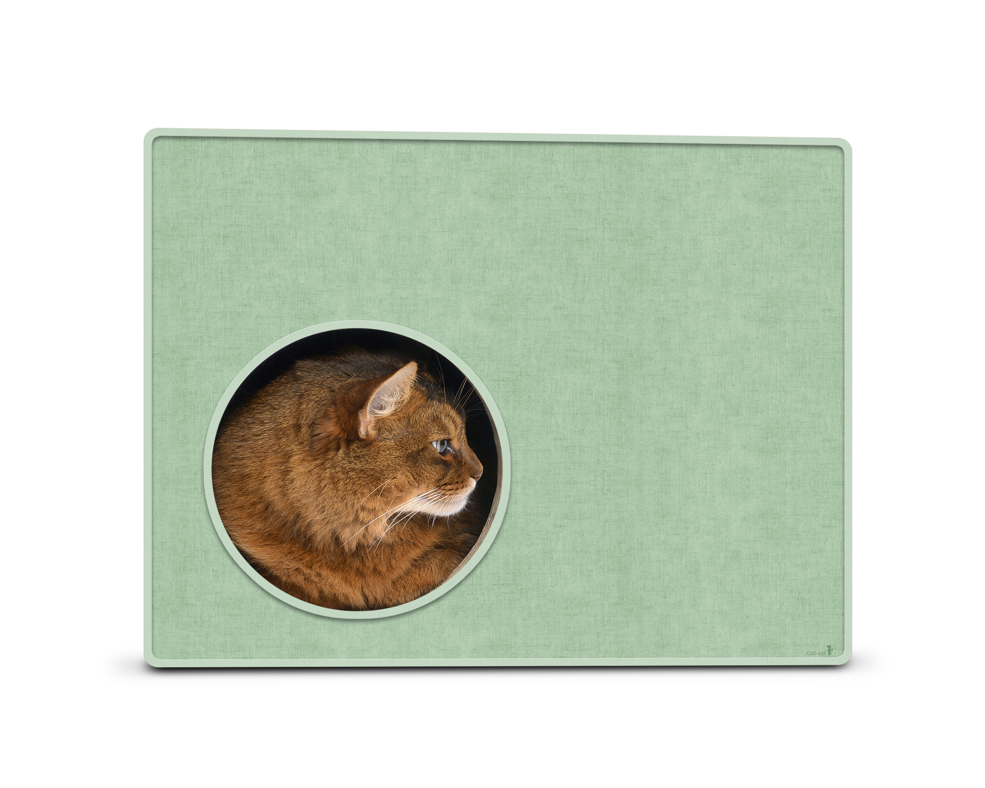 PHREDIA Eckhaus von cat-on, Katze im Inneren des Design-Kratzmöbels aus Wellpappe