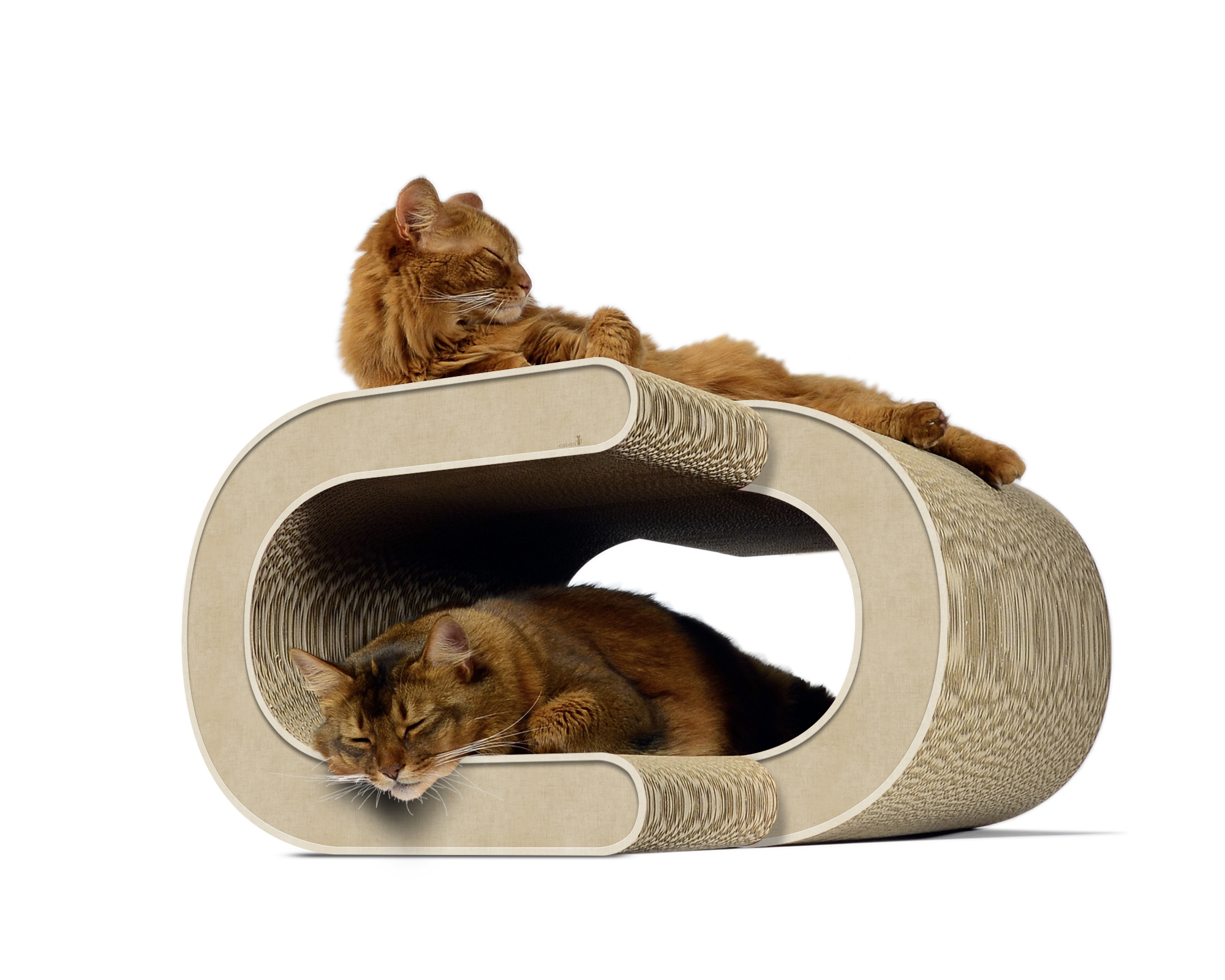 Deux chats sur le griffoir LA VAGUE XL en beige – design ondulé en carton FSC™