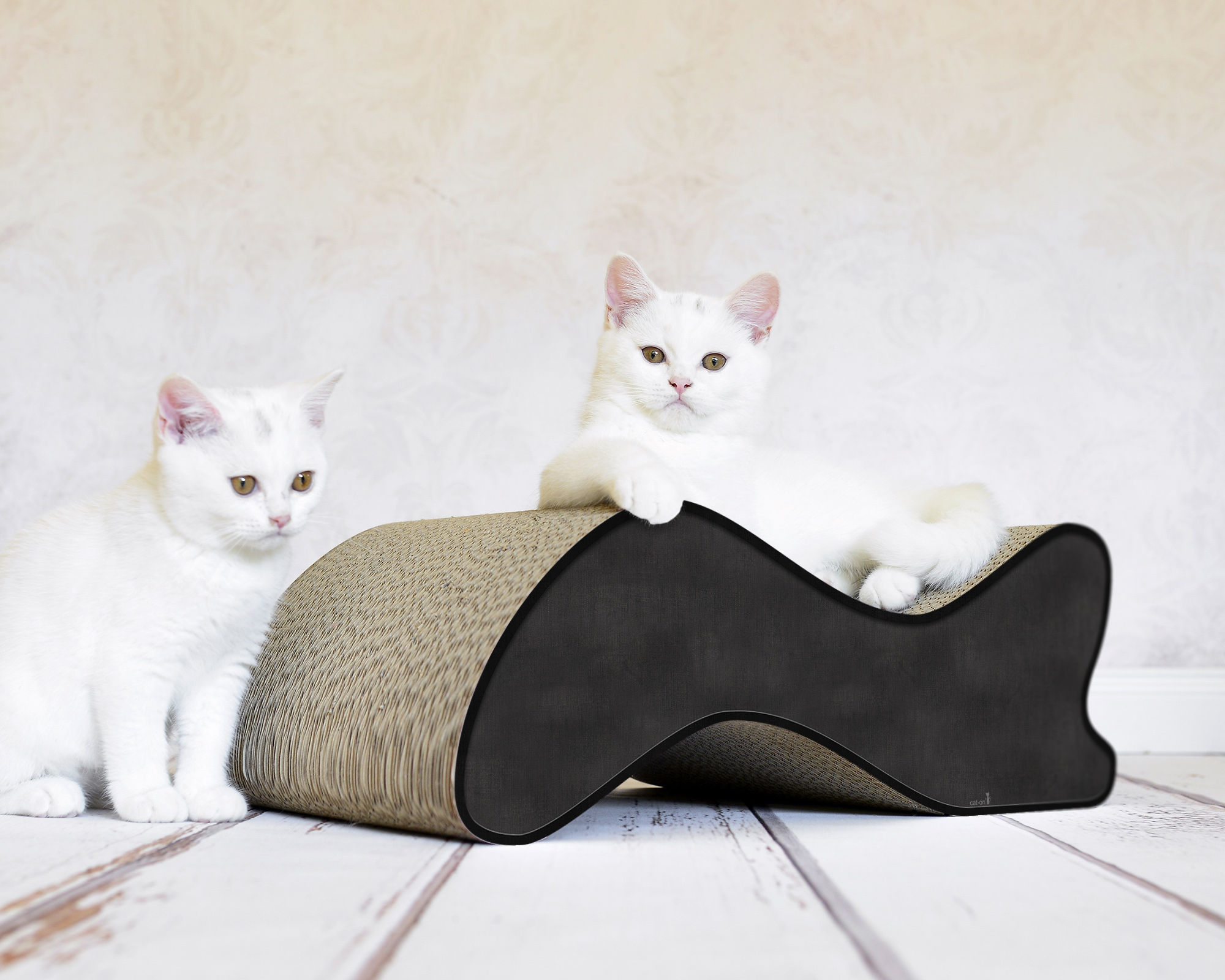 Two small cats on KABOU – elegant wave-shaped design cat scratcher in cardboard