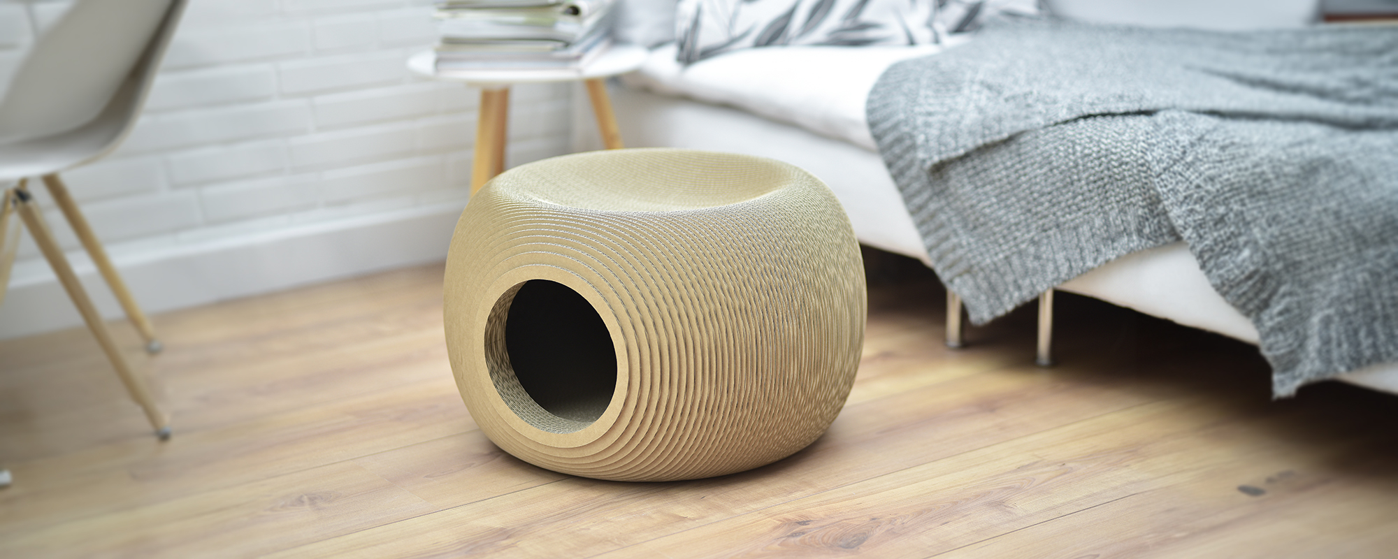 Design Katzenmöbel BILLE - Katzenkorb mit Höhle Runder Katzenkorb aus Wellpappe mit Katzenhöhle