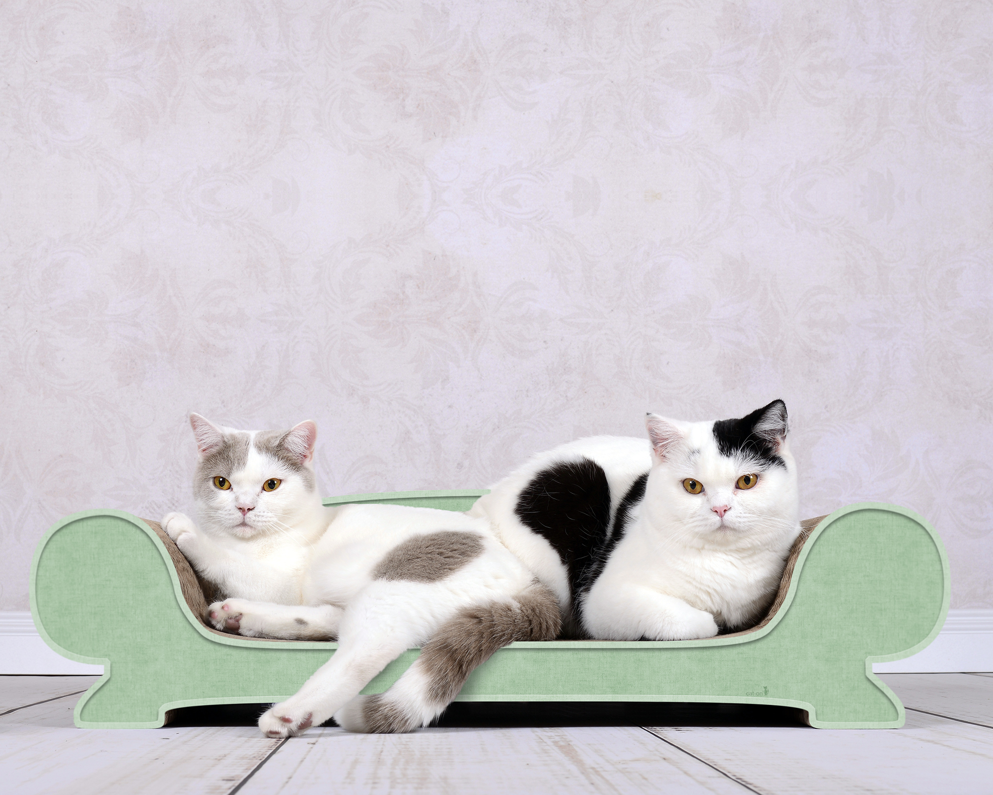 Cat-on VERTIGE: Katze relaxt auf der Kratzlounge in 006H Mintgrüner Katzen Kratzbaum, nachhaltig und robust gebaut.