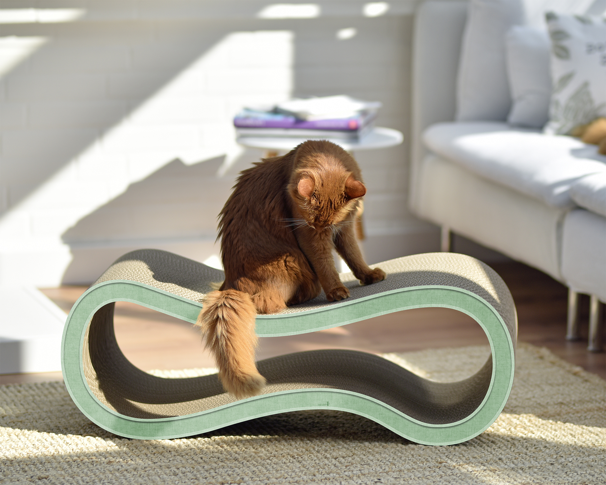 Katze auf SINGHA-L – moderner Design-Kratzbaum aus Kratzpappe von cat-on